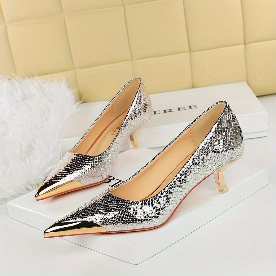 Women's Mid-Heel Pumps with Metallic Toe and Sequin Snake Pattern