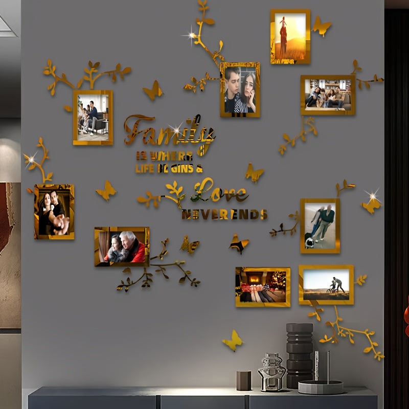 Acrylic Wall Decor Stickers Set with Flower Branches Butterflies and Photo Frames for DIY Home Office Wall Decoration