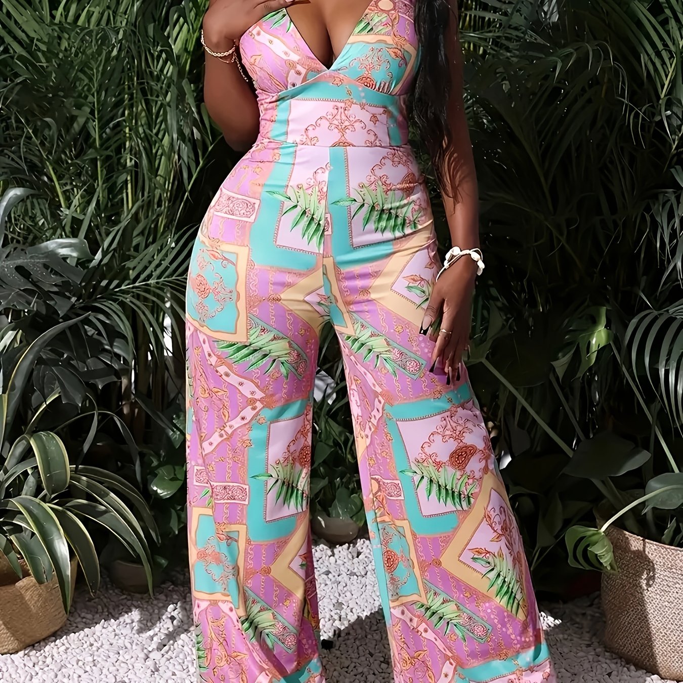 Mono de verano con estampado tropical para mujer, sin mangas, escote en V, talla grande