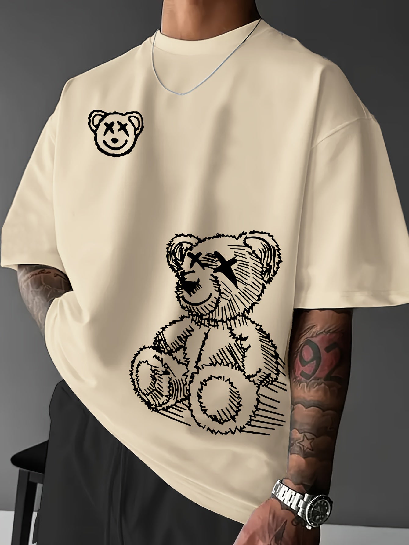 Camiseta casual para hombre con gráfico de oso de manga corta de poliéster para verano de moda