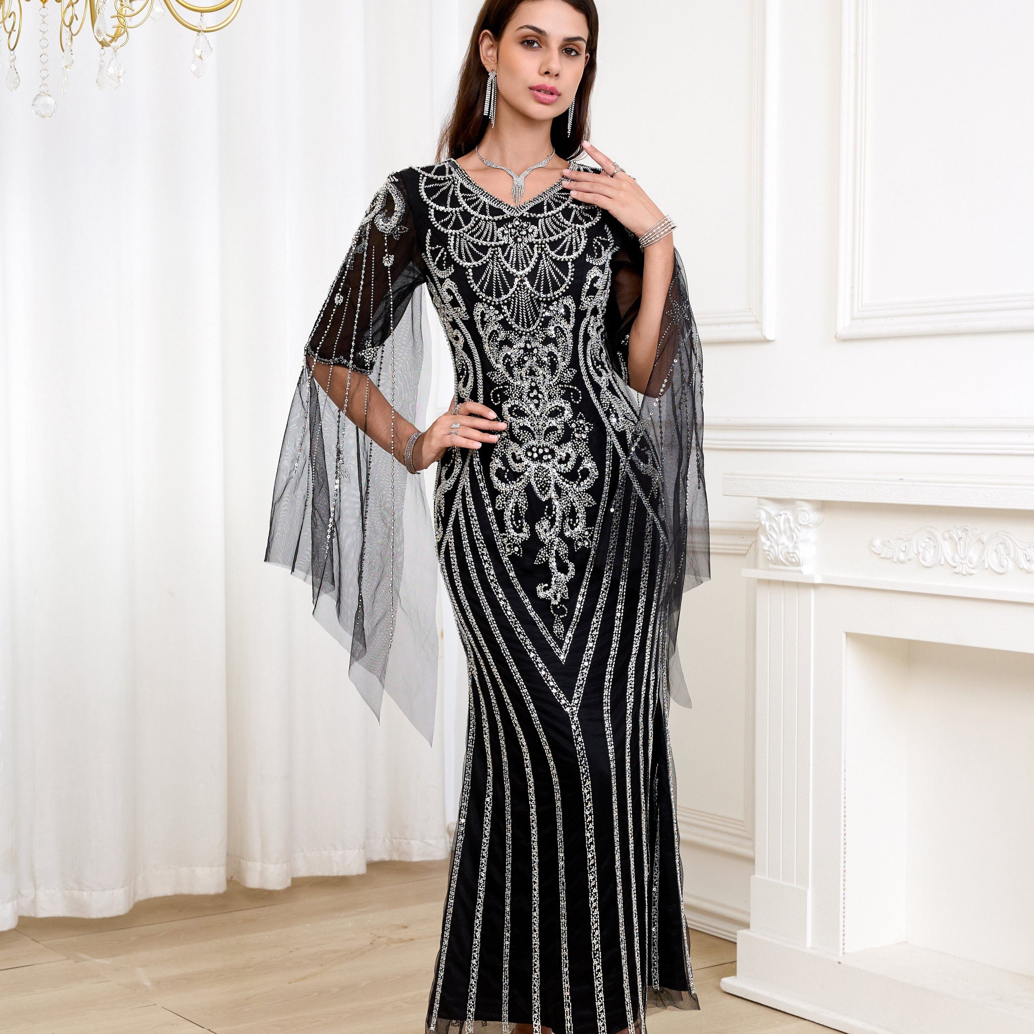 Women's V-Neck Long Dress with Sequin Details for Weddings and Events