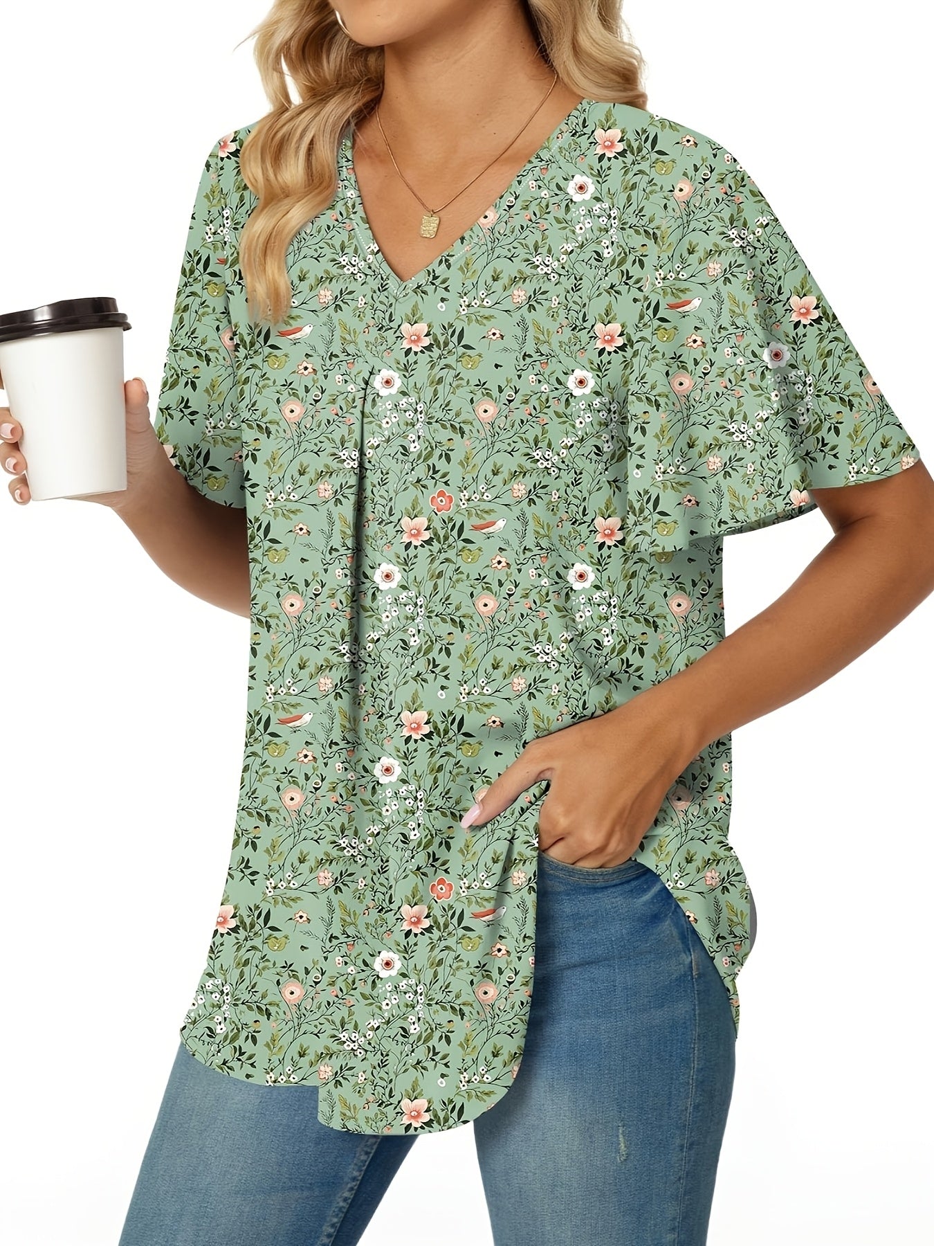 Блузка для женщин больших размеров с цветочным принтом, с рюшеобразными рукавами, фиолетовая и синяя, офисная одежда