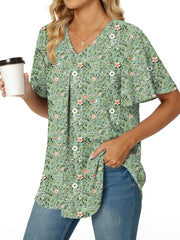 Блузка для женщин больших размеров с цветочным принтом, с рюшеобразными рукавами, фиолетовая и синяя, офисная одежда