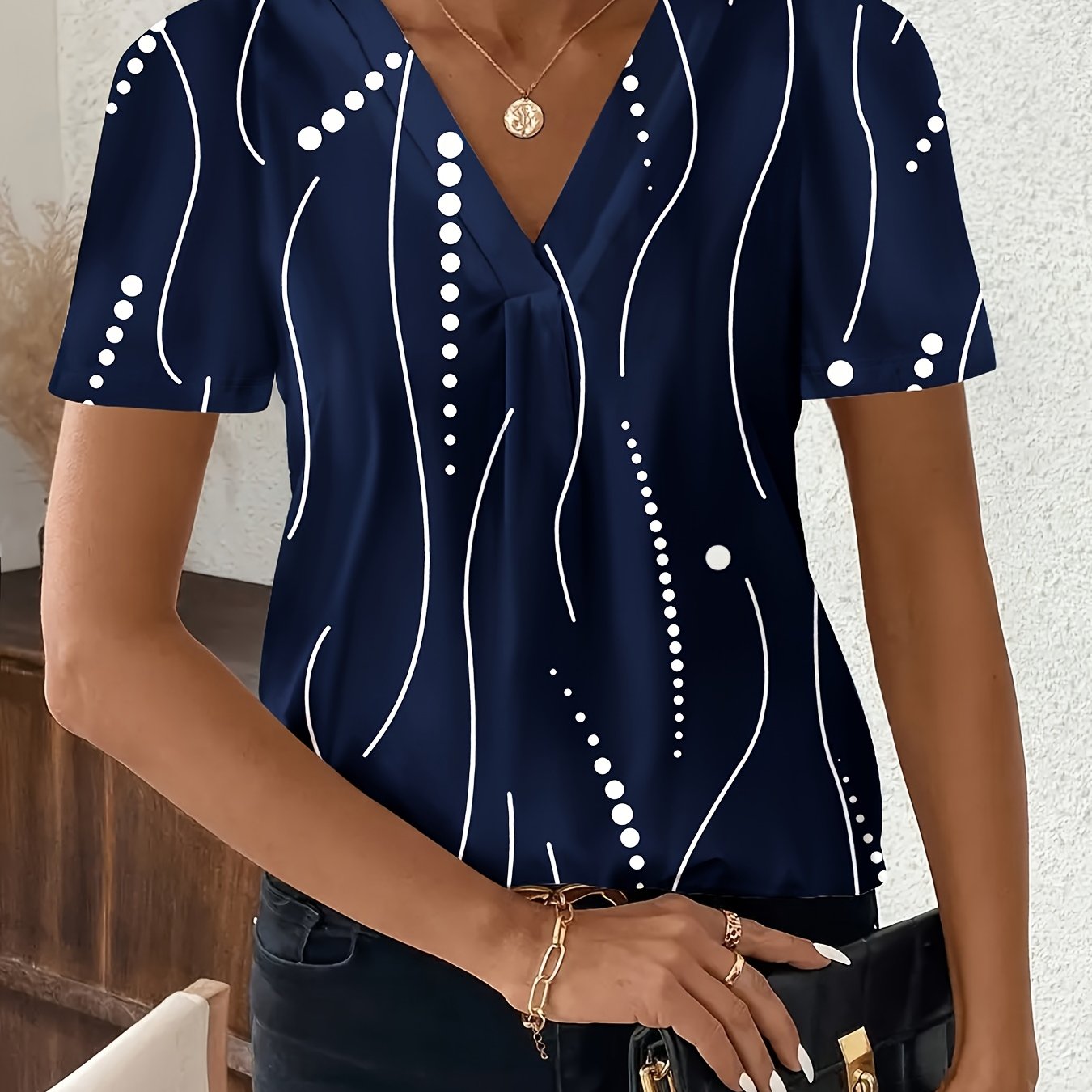 Women's Plus Size V-Neck Polka Dot Short Sleeve T-Shirt Casual Fall Wear