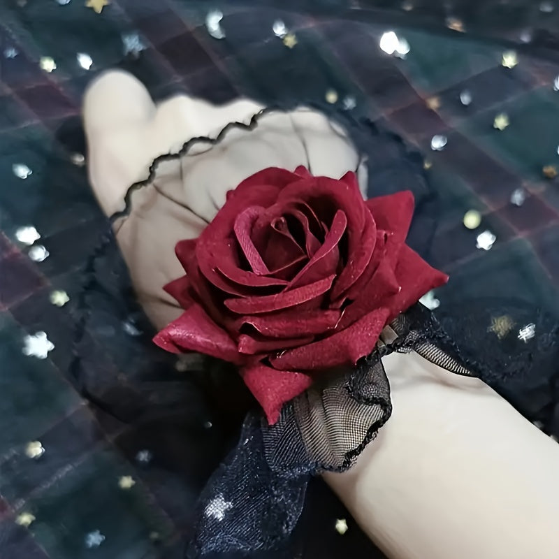 Women’s Lace Wrist Cover Sleeve in Wine Red with Rose Flower Design