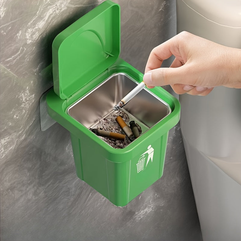 Green Stainless Steel Wall-Mounted Trash Can With Cover and Ashtray