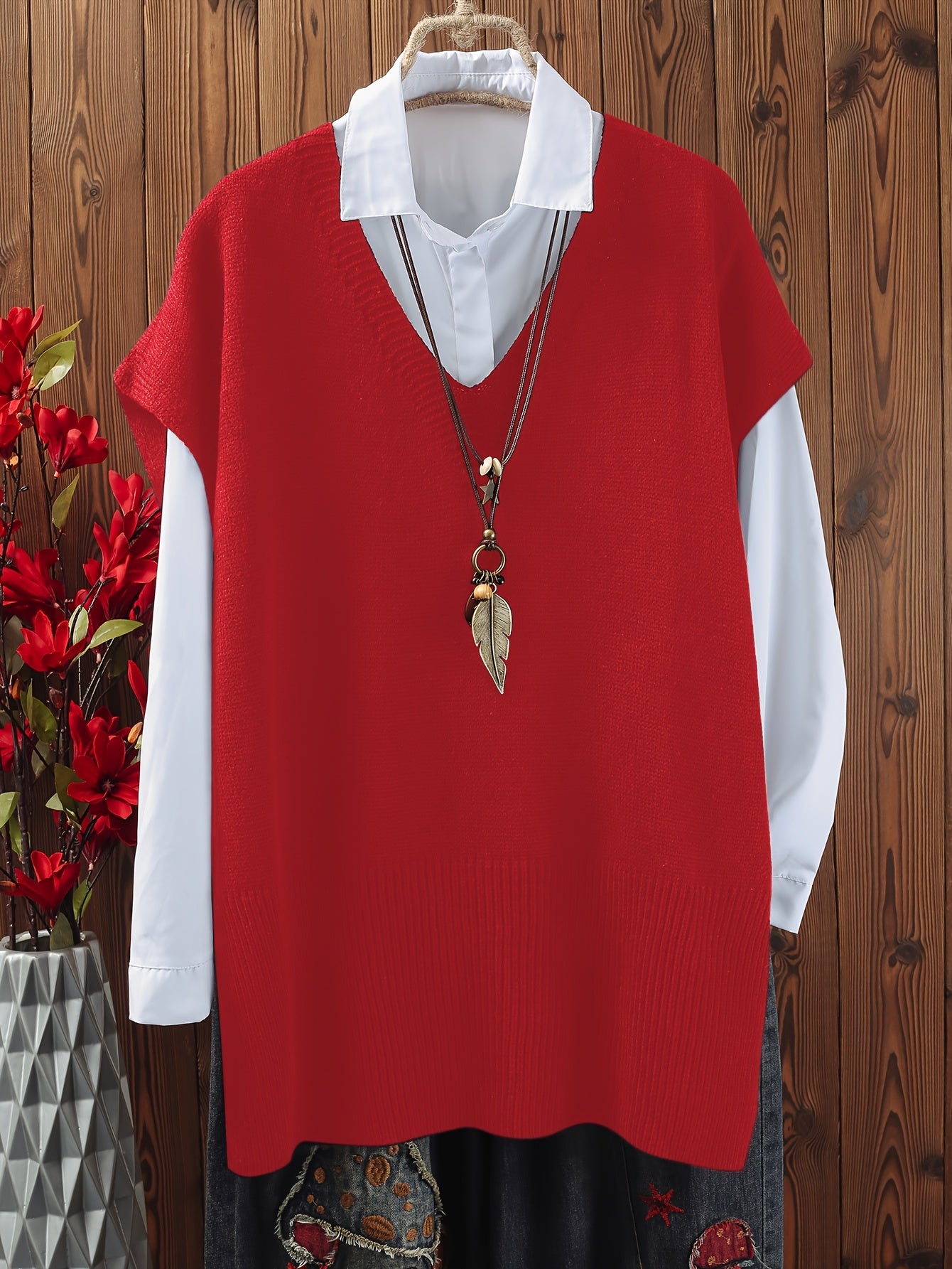 Plus Size Solid Color V-Neck Knit Pullover Top with Slits for Women