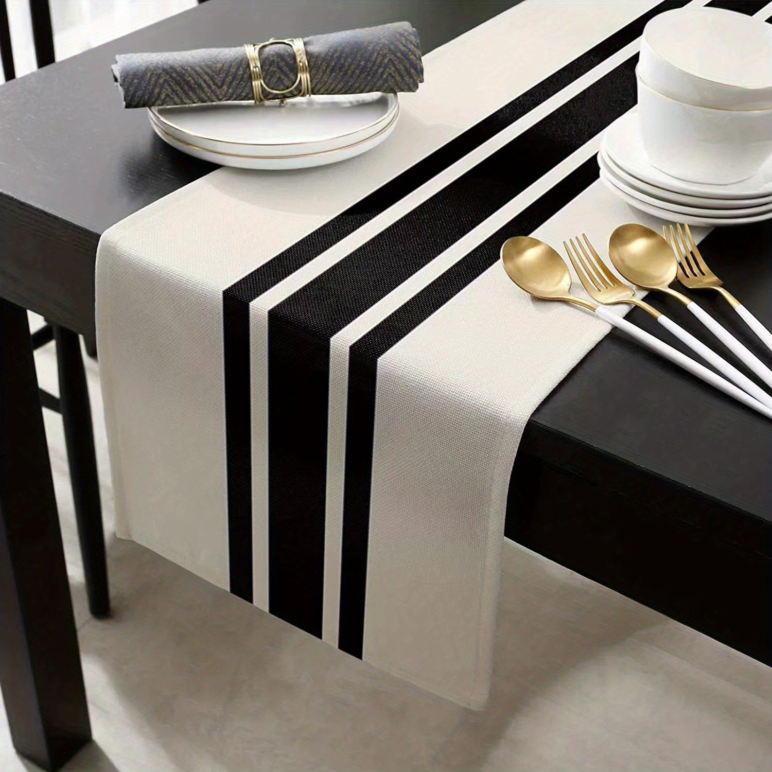 Geometric Stripe Linen Table Runner Black and White for Home Decor and Dining