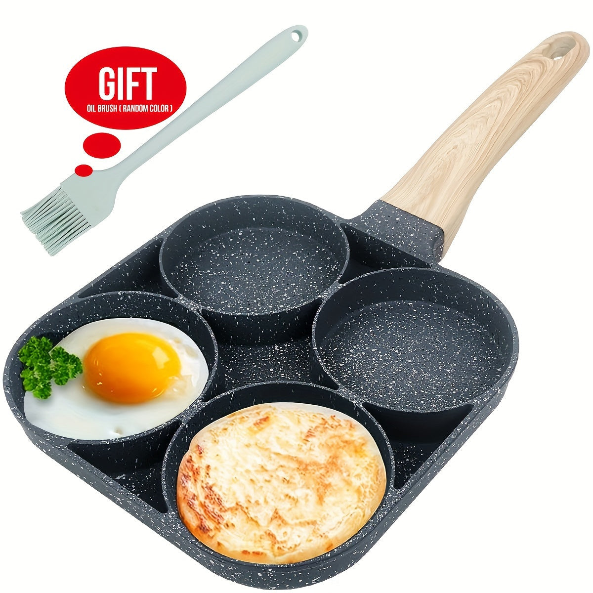 Non-Stick Egg Pan with Wooden Handle 4-Cavity Aluminum Dishwasher Safe