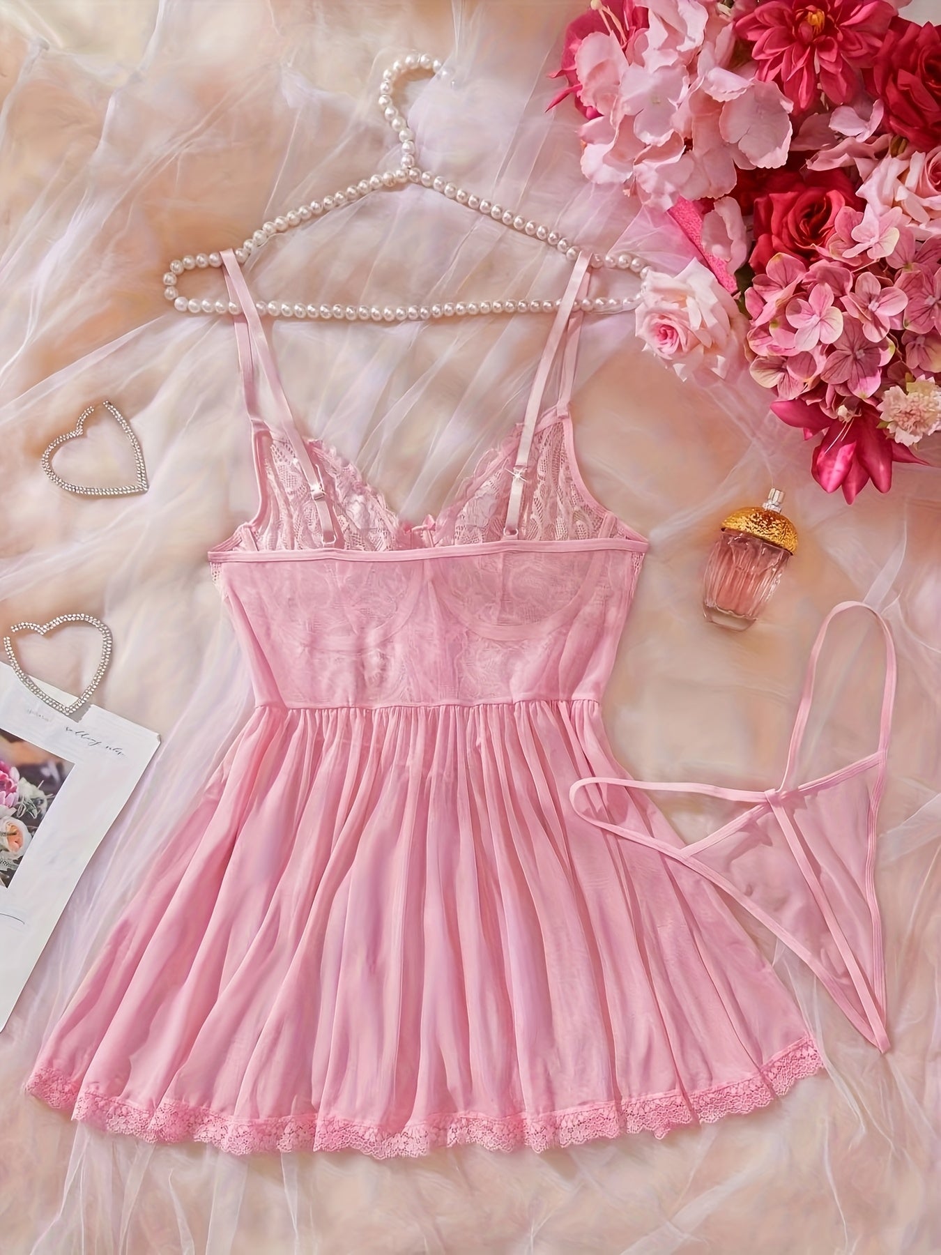 Plus Size Women's Mesh Thong Panties and Sheer Lace Nightgown Set Pink