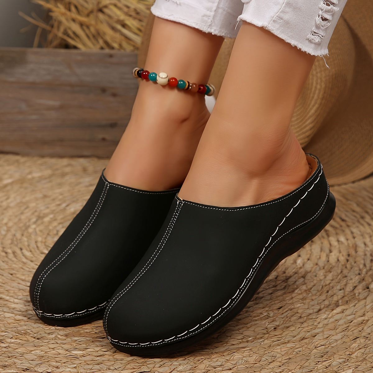 Women's Summer Casual Mules Lightweight Beach Shoes Solid Color Platform Heel