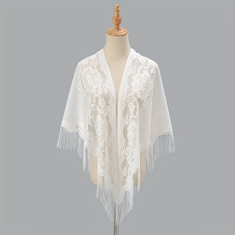 Elegant Women's Cardigan Shawl with Monochrome Lace Tassel Embroidery