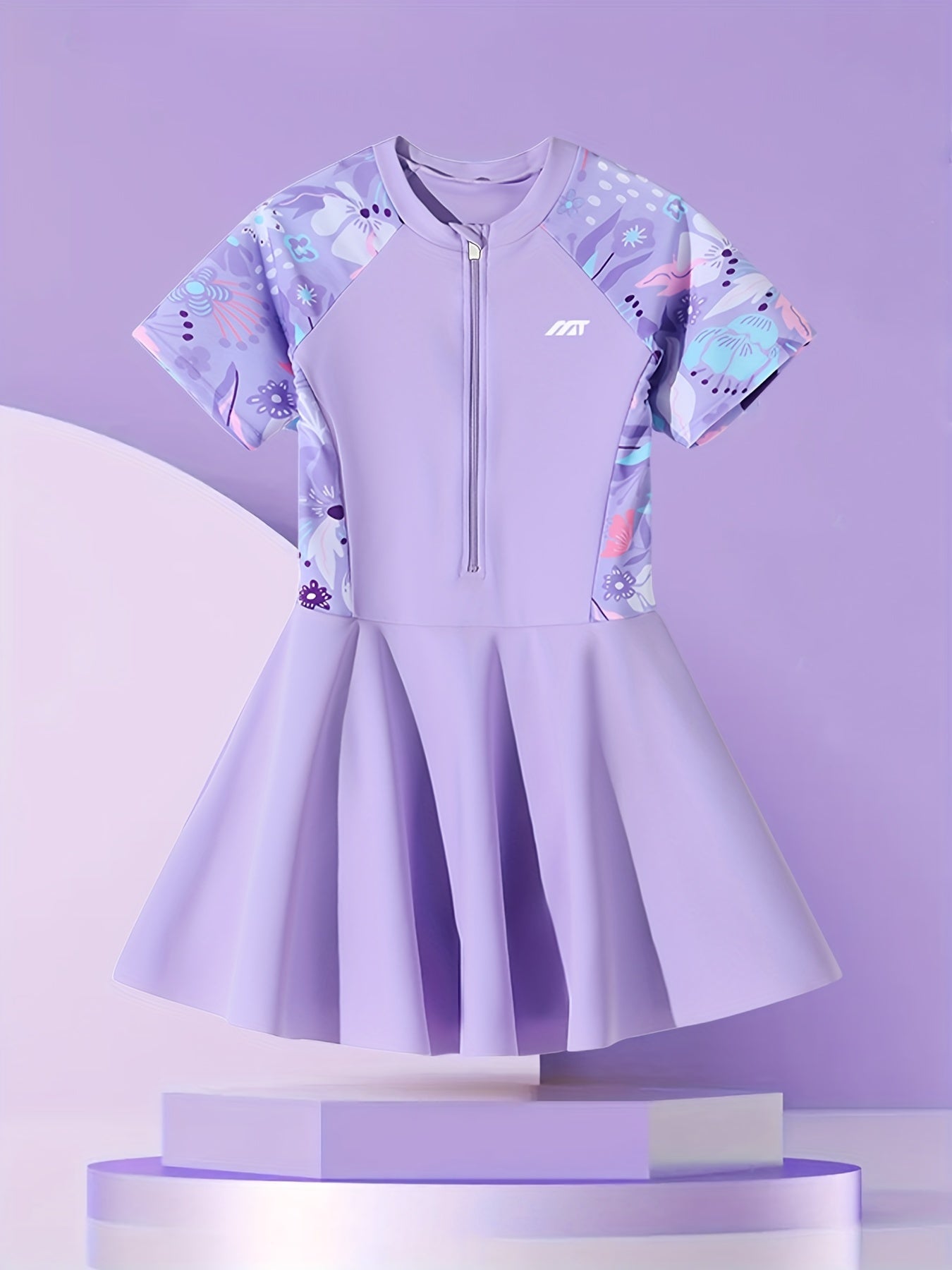 Летний купальник для девочек с коротким рукавом, с цветочным принтом, для возрастов 3-16 лет, с молнией и расклешённым подолом