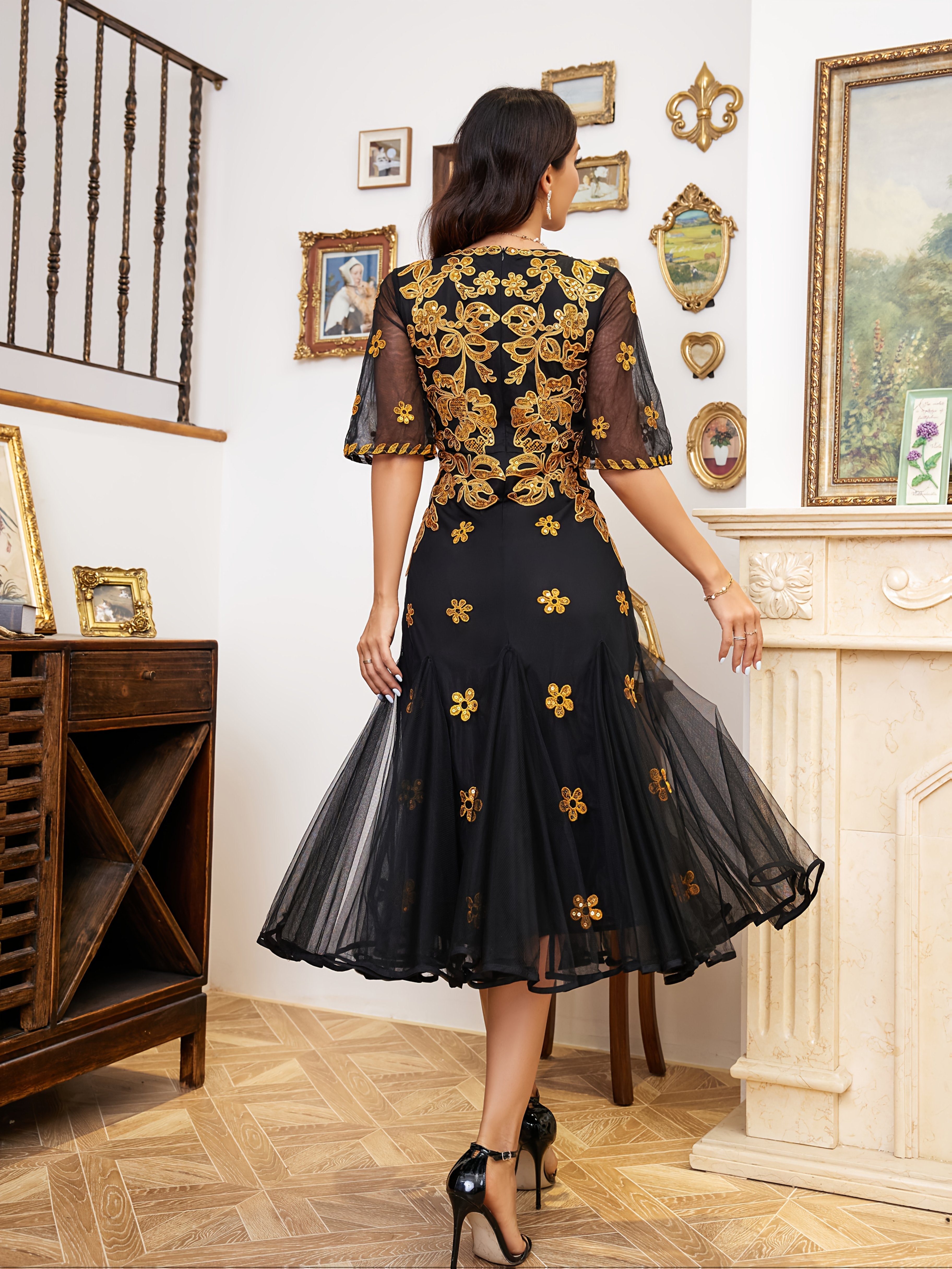 Women's Geometric Pattern Fit and Flare Party Dress Polyester Embroidered