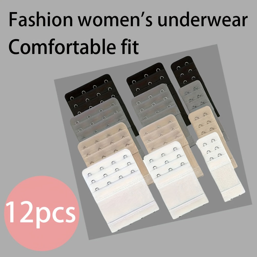 12 Pack Comfort Stretch Bra Extenders Adjustable Hooks Soft Polyester Knit Solid Color