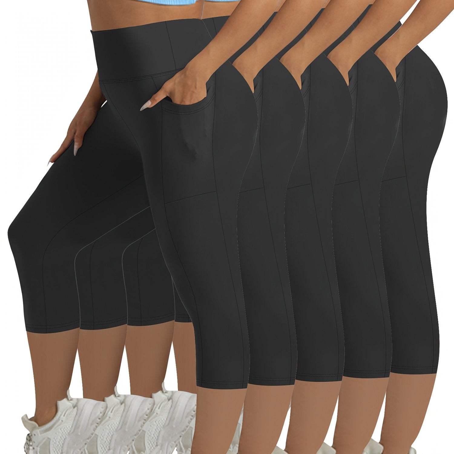 Women's High-Waisted Tummy Control Capri Leggings with Pockets, 4-Way Stretch