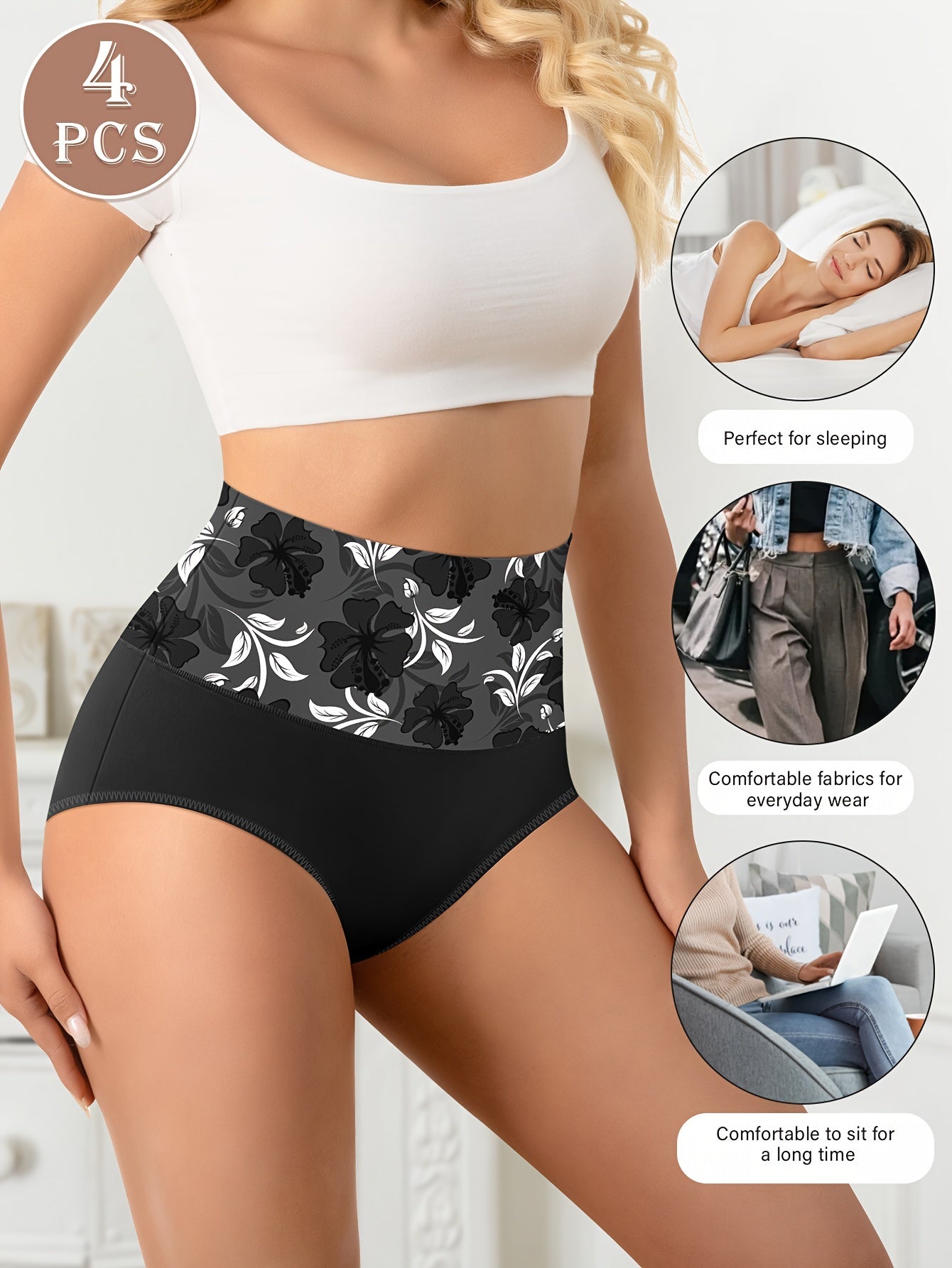 Women's High-Waist Shapewear Panties 4 Pack Black Tummy Control Breathable