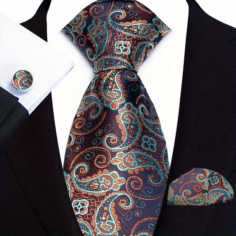 Men's Suit Set with Tie, Pocket Square and Cufflinks in Stripe and Paisley Design
