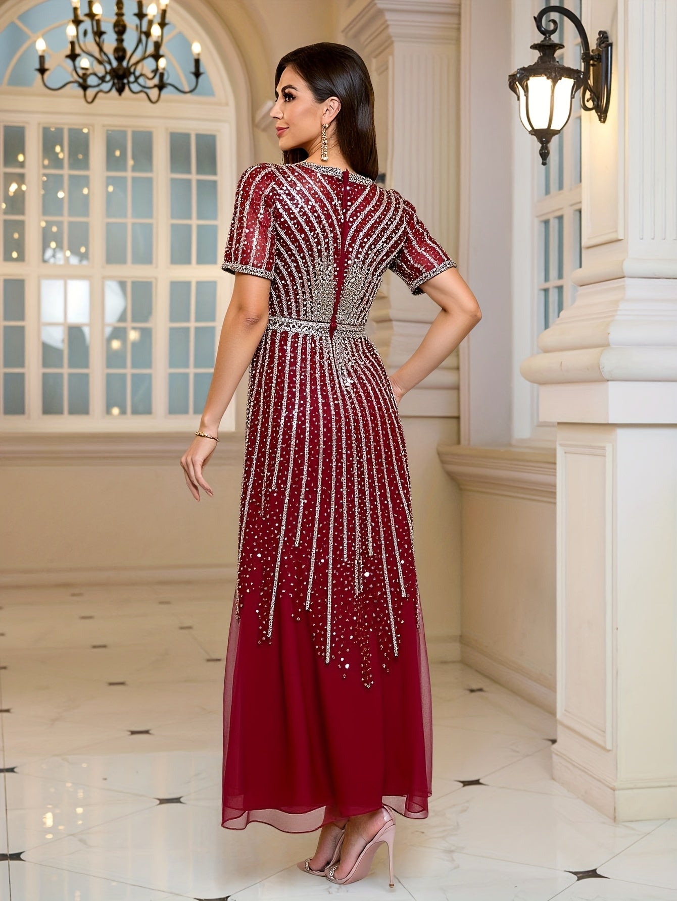 Women's Beaded Striped Long Dress Evening Gown for Weddings and Formal Events