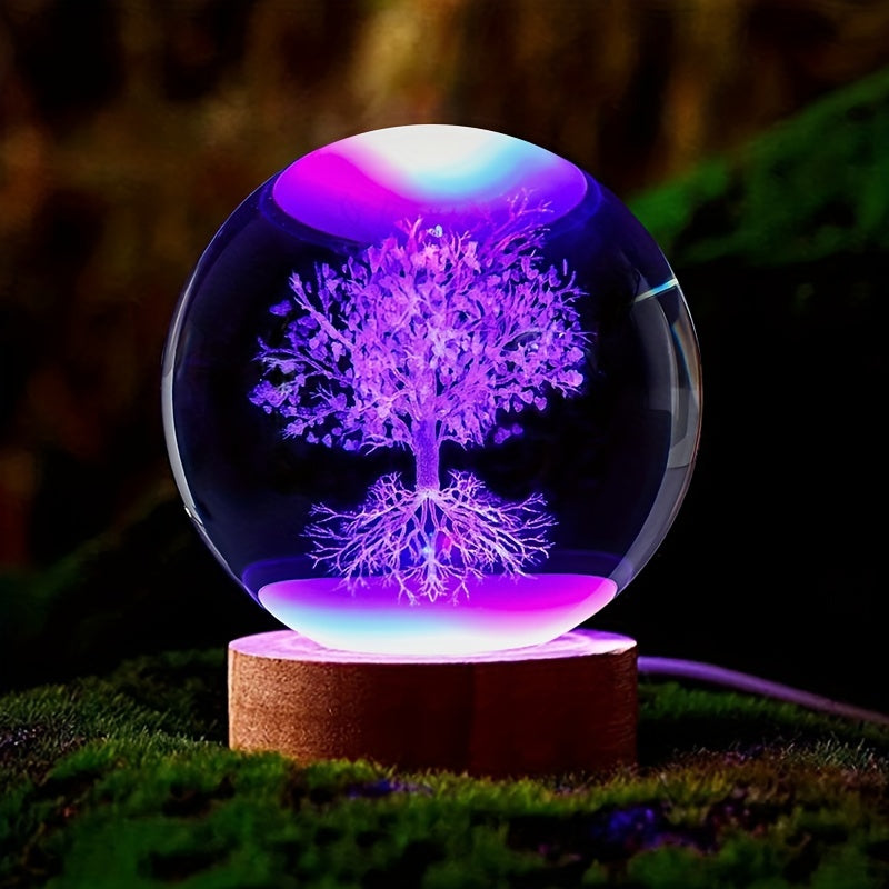 Tree of Life Crystal Ball Night Light Engraved 3D Glass Plant Decor Gift
