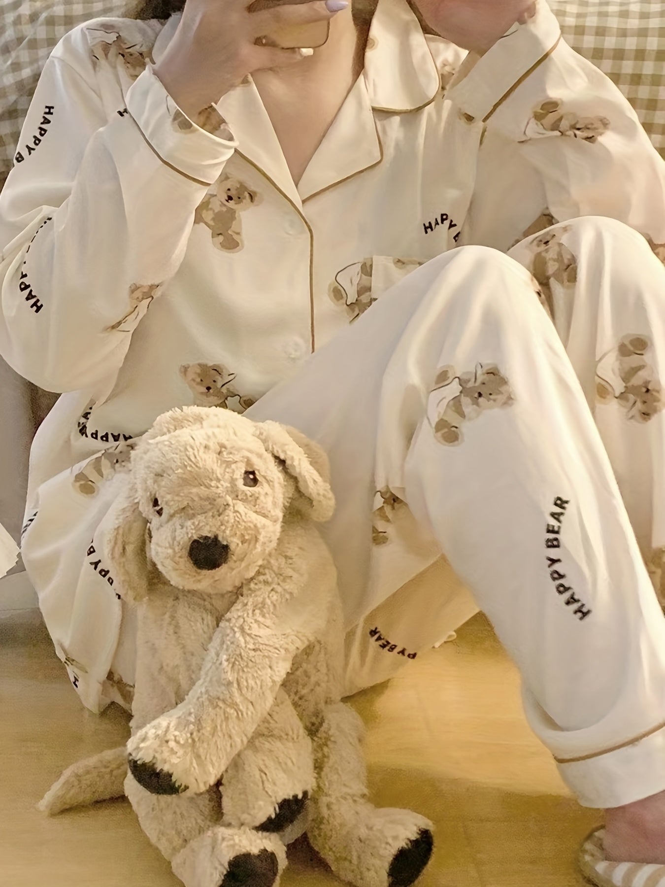 Women's Cartoon Bear Print Pajama Set Long Sleeve Blouse and Elastic Waist Pants