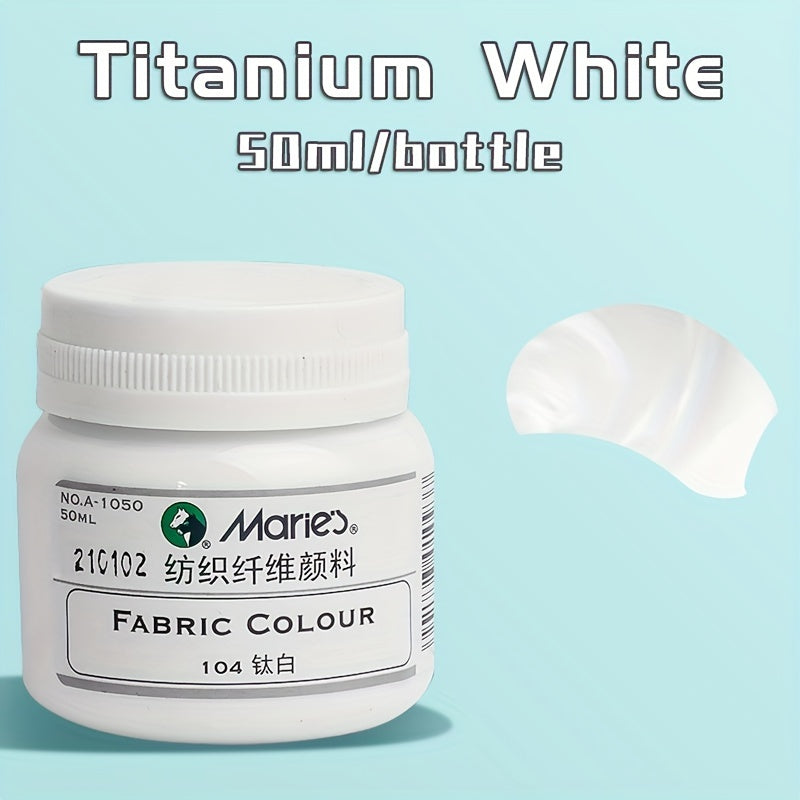 1 shisha Marie's Fabric Paint, 50ml - doimiy kiyim bo'yash uchun 12 rang mavjud. O'rta cho'tka kiritilgan. San'atkorlar va hunarmandlar uchun ideal. T-shirtlar, poyabzallar, jinsilar uchun mos.