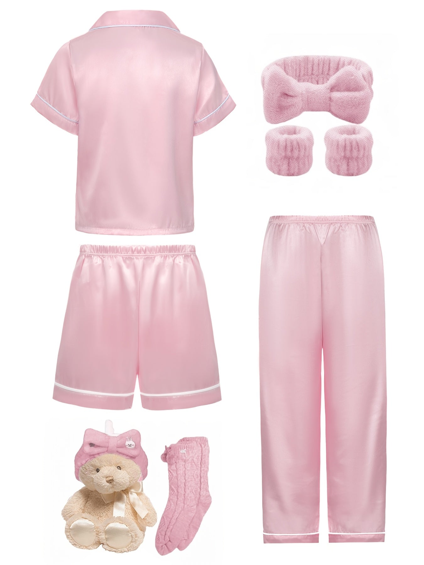 Girls Flame Retardant Pajama Set with Beige Short Sleeve Collared Cardigan and Matching Shorts or Pants for Spring and Fall