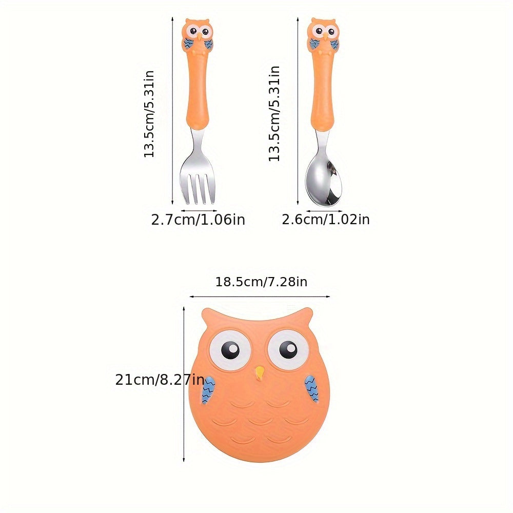 Kids Dinnerware Set 3-Piece Owl-Shaped Non-Toxic Polypropylene with Feeding Plate and Cutlery in Blue Pink Green Orange