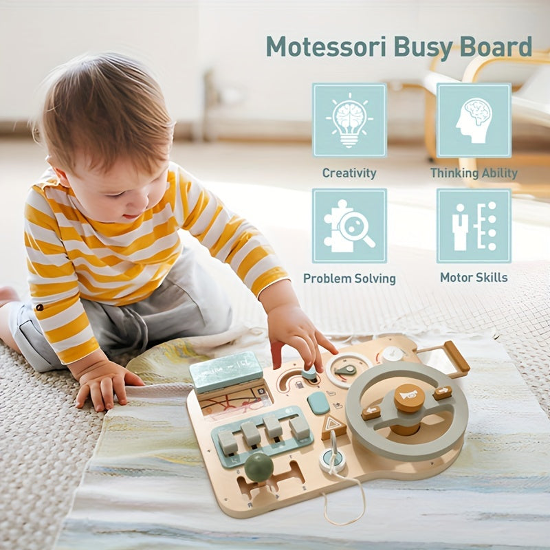 Wooden Busy Board Toy for Kids Age 18 Months Plus with Vehicle Sign Recognition and Motor Skills Development in Light Green Blue Yellow