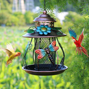 Metal Mesh Bird Feeder with Dragonfly and Flower Accents Outdoor Hanging Decor