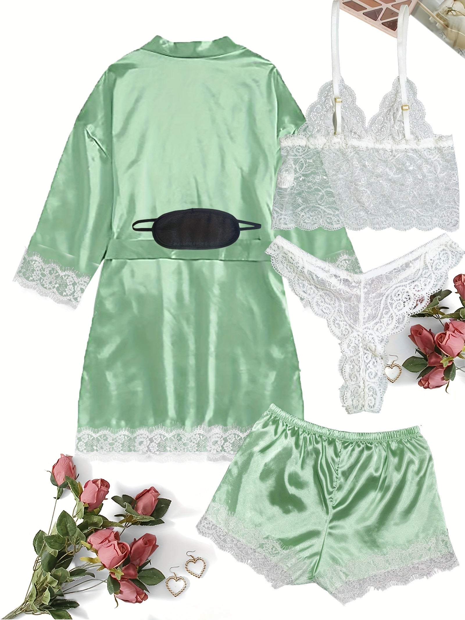 Women's Plus Size Satin Lace Nightgown Set With Camisole Shorts And Eye Mask