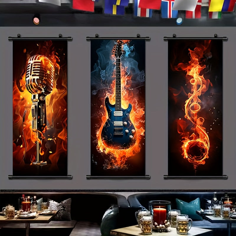 Music Themed Wall Art Canvas Hanging Scroll Flame Guitar 40.64cm x 99.06cm for Living Room Bedroom Bathroom