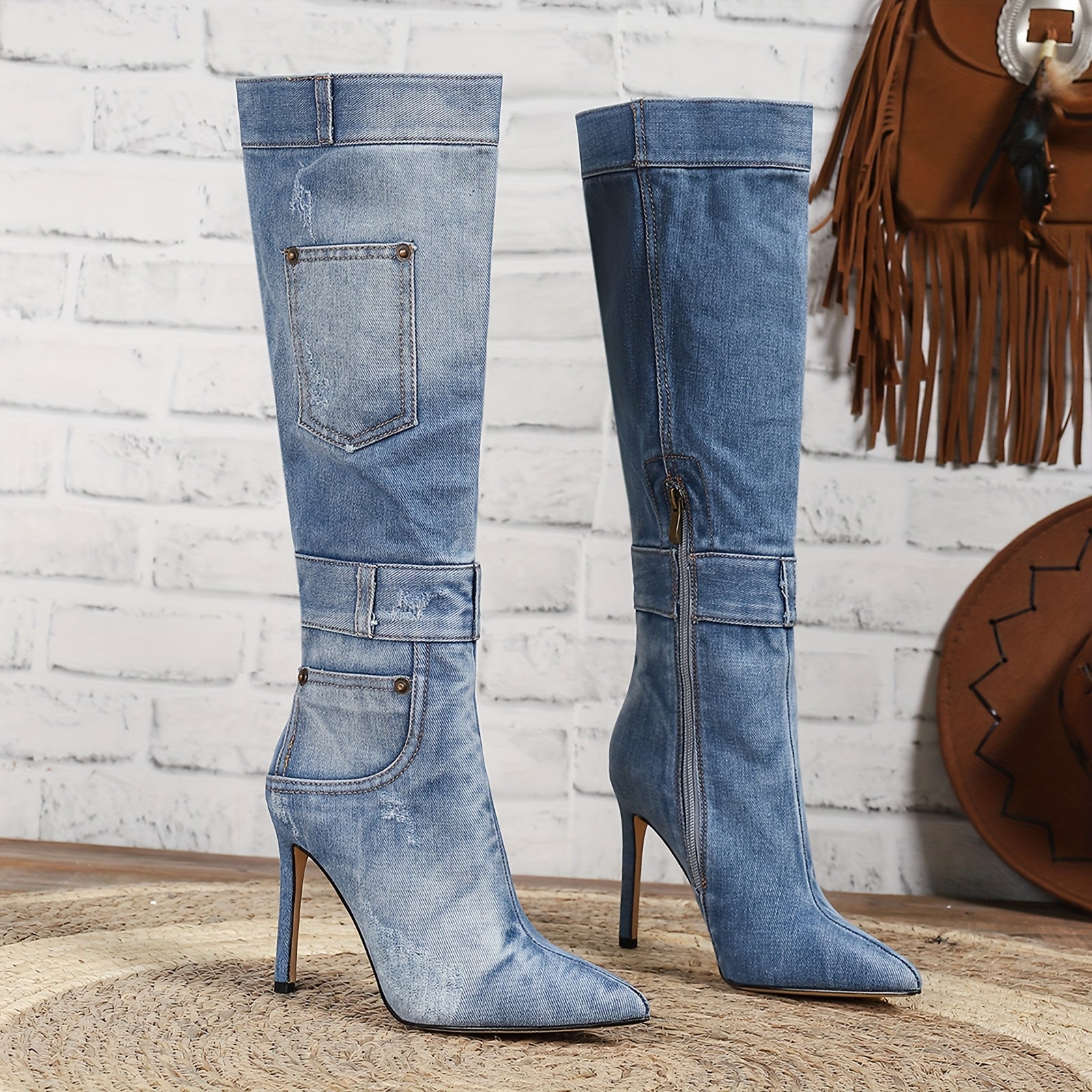 Women's Vintage Distressed Leather Knee-High Western Boots with Pointed Toe