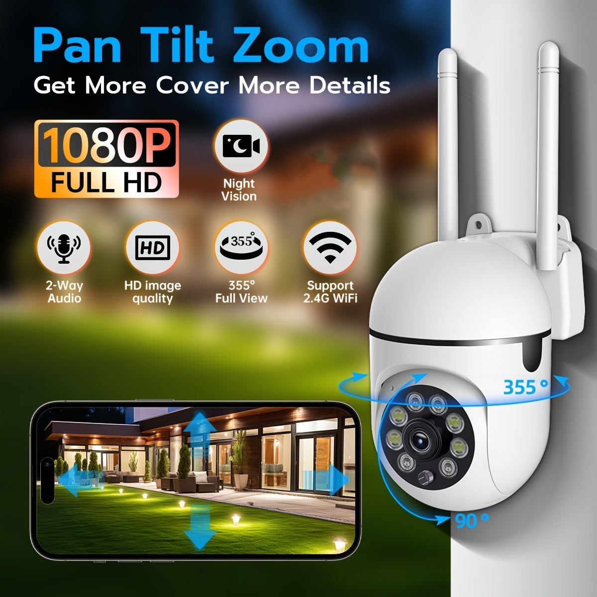 Cámara de seguridad HD 1080P con visión nocturna en color, panorámica, inclinación, zoom y seguimiento de movimiento