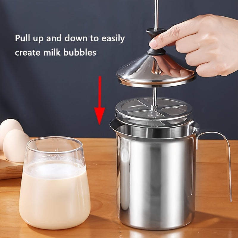 Stainless Steel Milk Frother Handle Lid Double Layer Filter Foam Pitcher