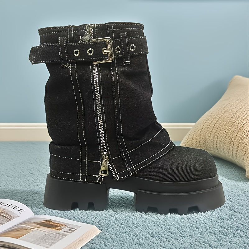 Women's Denim Mid-Calf Boots with Chunky Heel Rubber Sole Winter Comfort