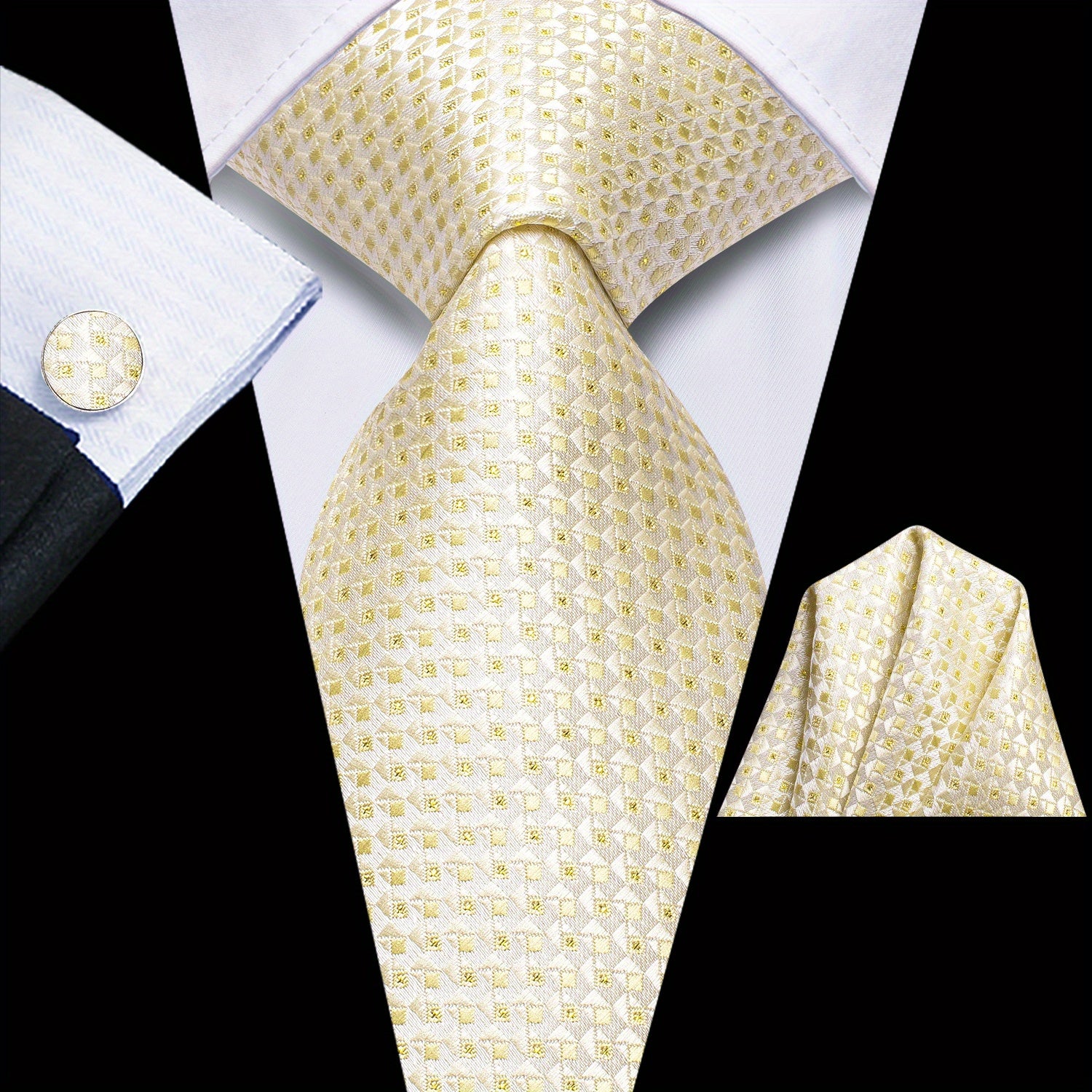 Erkaklar uchun Jacquard to'qilgan bej rangli galstuk, hanky va manşetli kalitlar bilan to'plam, to'y, biznes kechasi uchun