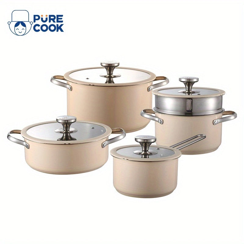 Cooking Pots Set with Glass Lids Stainless Steel Beige and White Compatible with Gas Stove