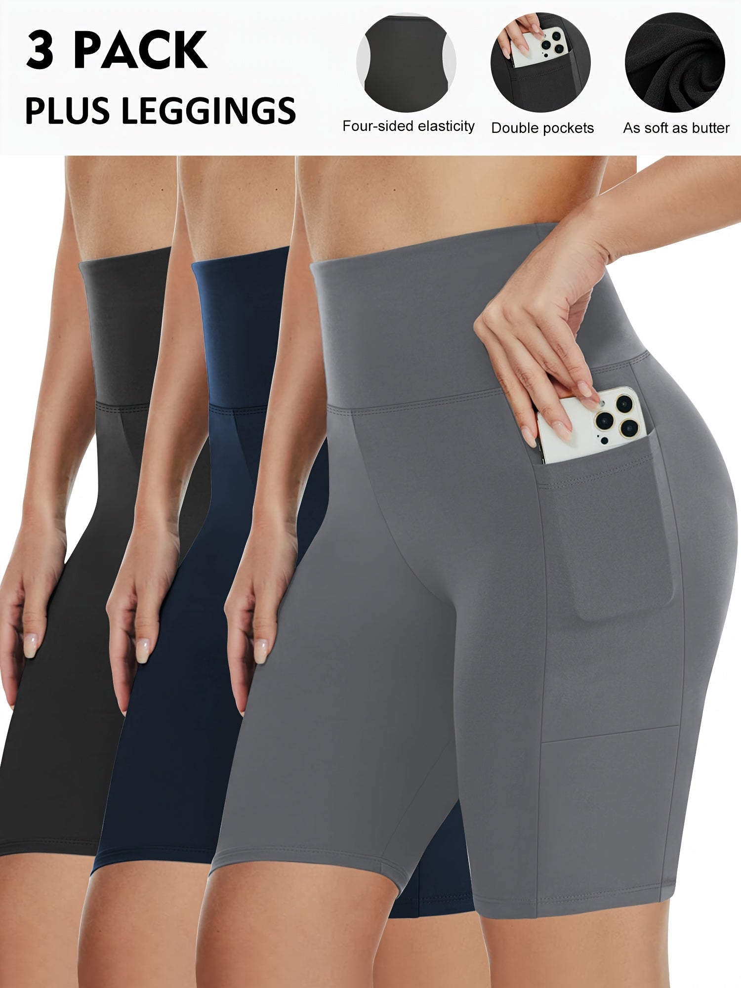 Plus Size High-Waisted Leggings 3-Pack with Side Pockets for Yoga Workout