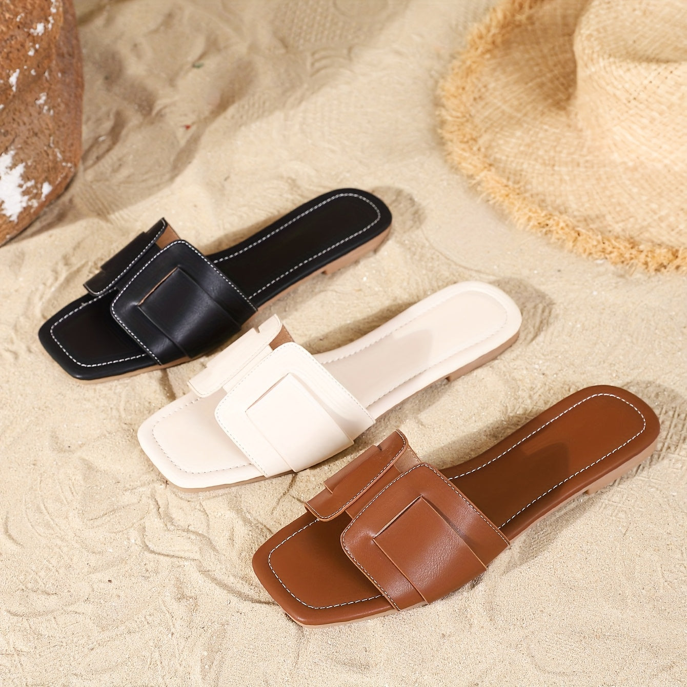 Women's Summer Flat Sandals Open Toe Slip-On Breathable PU Rubber Sole