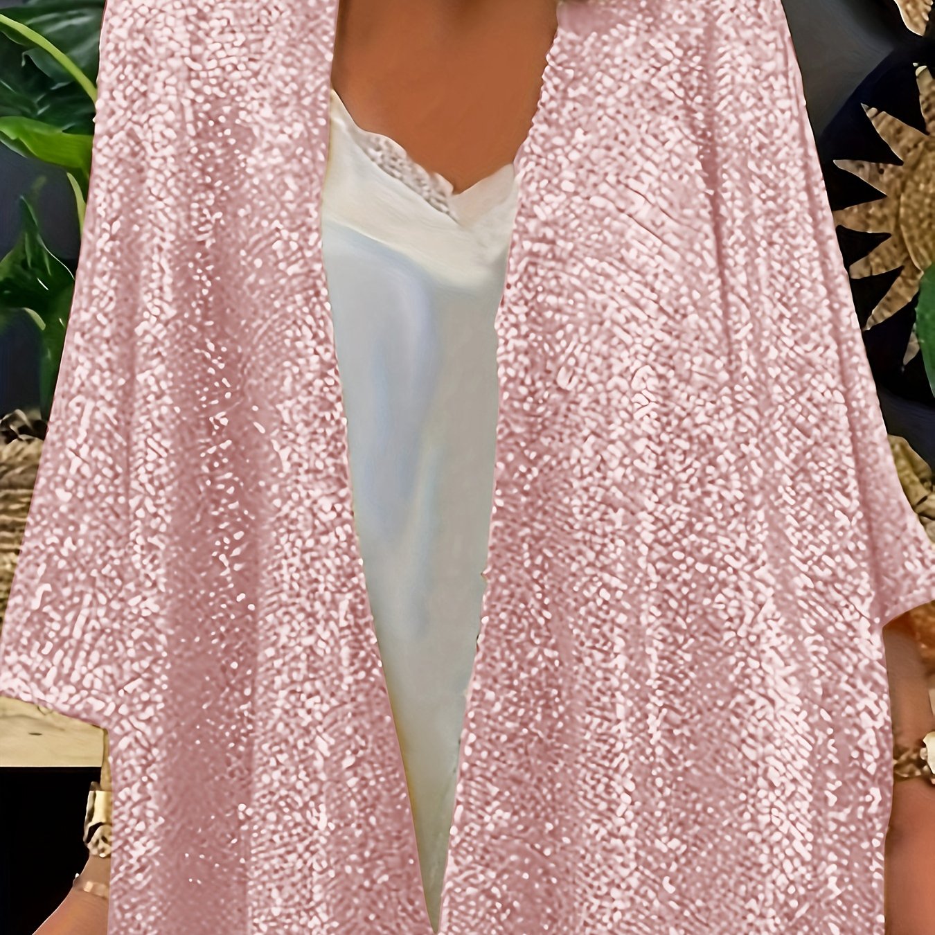 Plus Size Women's Sequin Sleeve Blouse Vivid Red Open Front Casual Formal