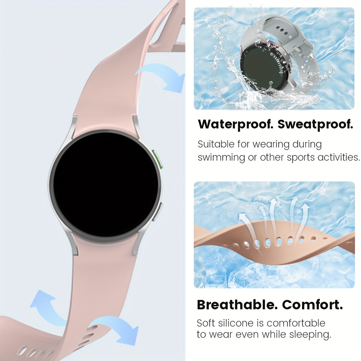 Непрерывный мягкий силиконовый водонепроницаемый ремешок для часов, совместимый с Samsung Galaxy Watch 7/6/5/4. Доступен в розовом, желтом и розовом золоте с застежкой из нержавеющей стали. Удобная посадка для мужчин и