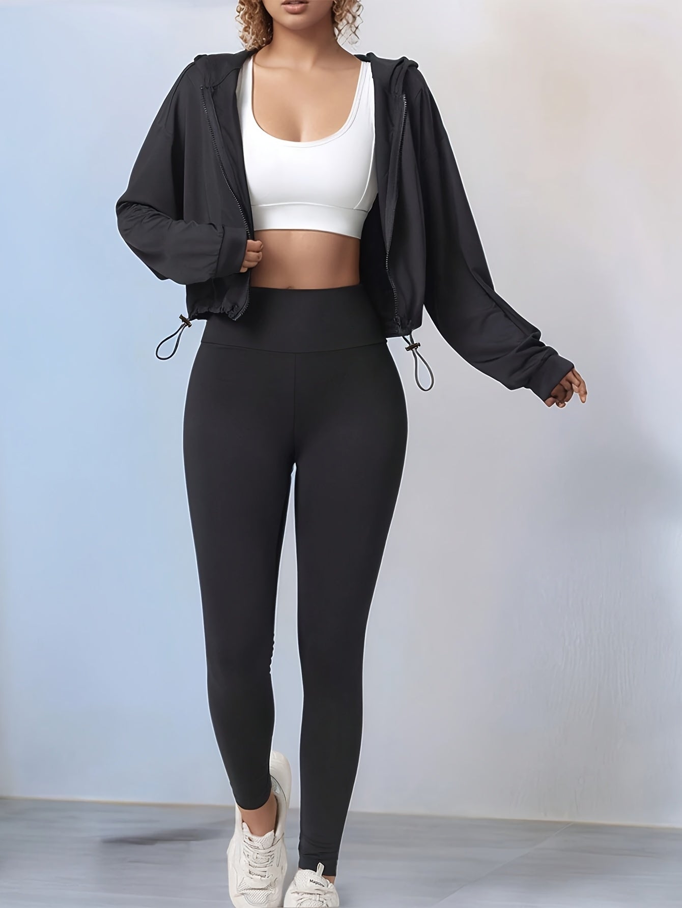 Plus Size Women's Drawstring Hoodie Short Sleeve Zip-Up Jacket Fitness Yoga Lightweight Breathable