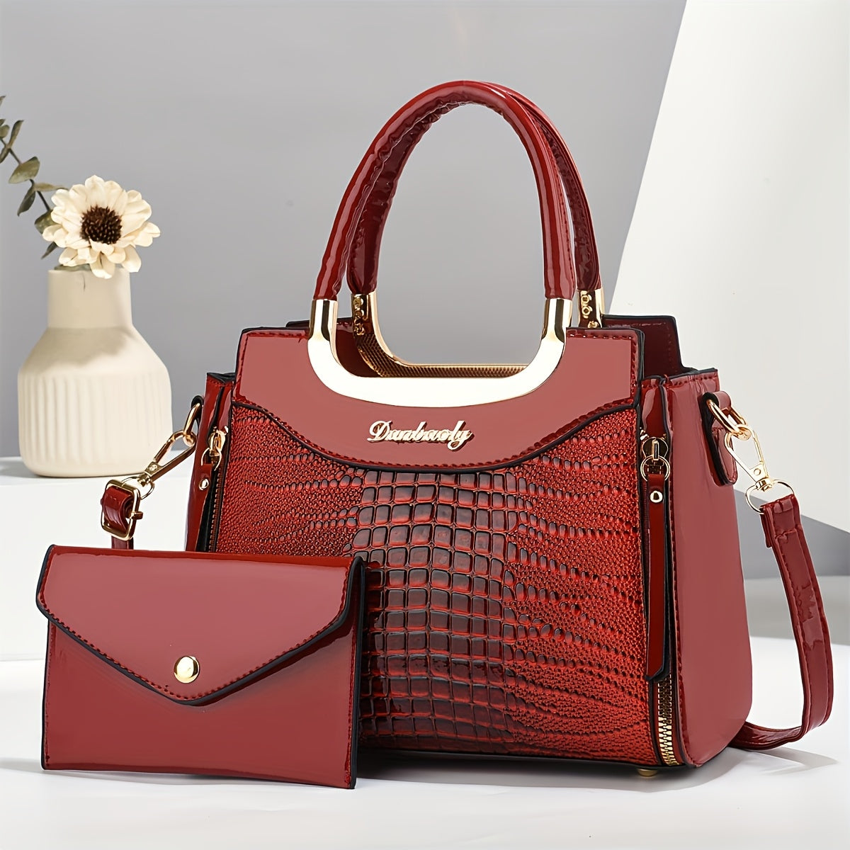 Faux Leather Animal Print Shoulder Bag with Matching Wallet Removable Strap Zipper Closure