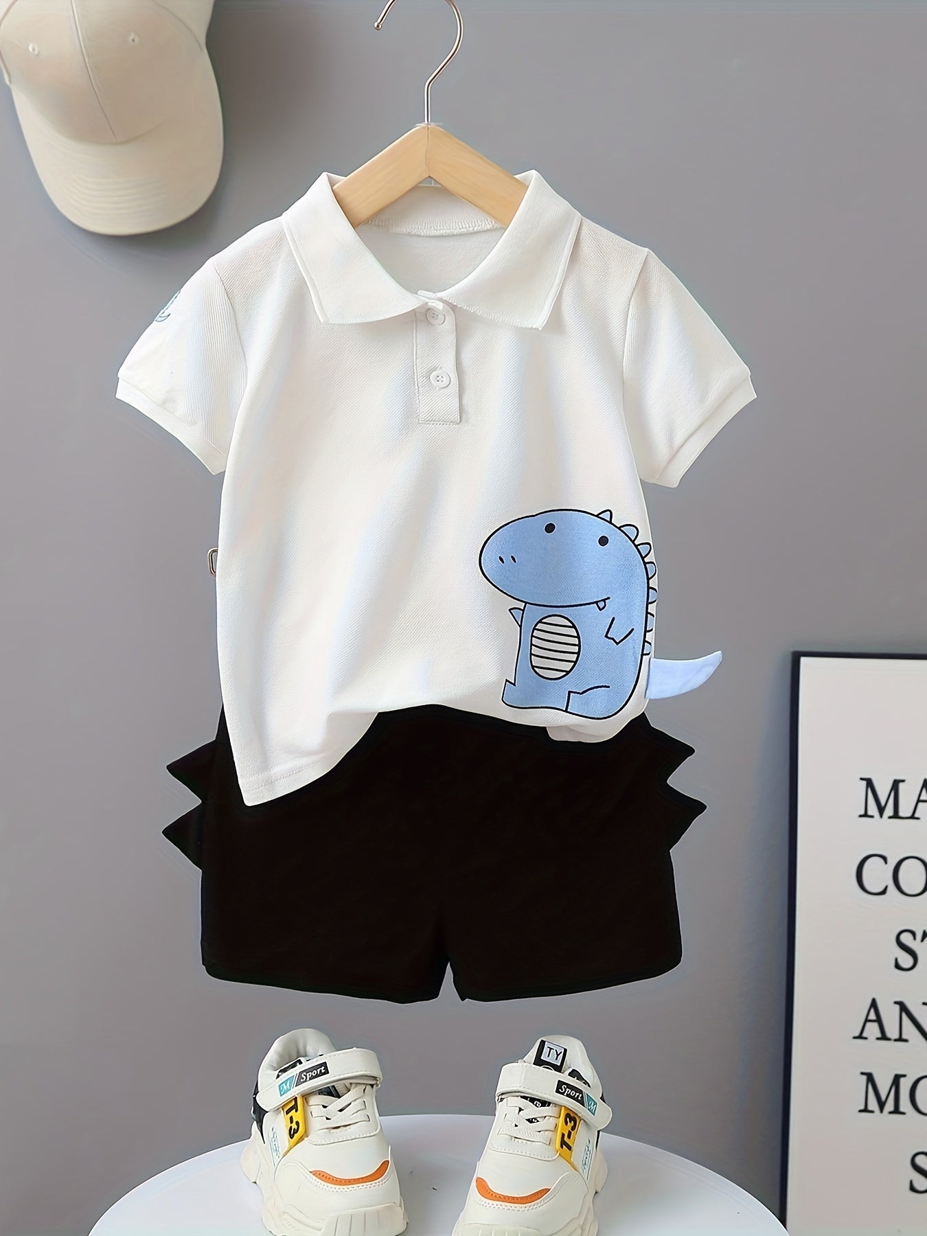 Toddler Boys Set with Dinosaur Print Short Sleeve Shirt and Elastic Waist Shorts for Summer Outdoor Wear