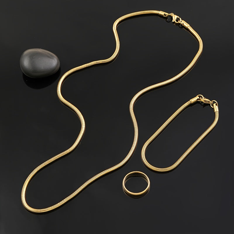 Zarif 3-qismli Zargarlik To'plami oltin - Nikelga chidamli Ilon Zanjirli Marjon, Bilaguzuk va Oddiy Halqa Har kuni kiyish uchun