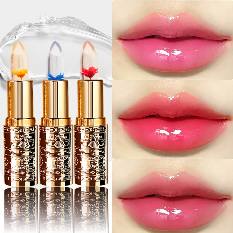 Set de 3 labiales de gel con cristales para mujer, con forma de flor, que cambian de color y humectan