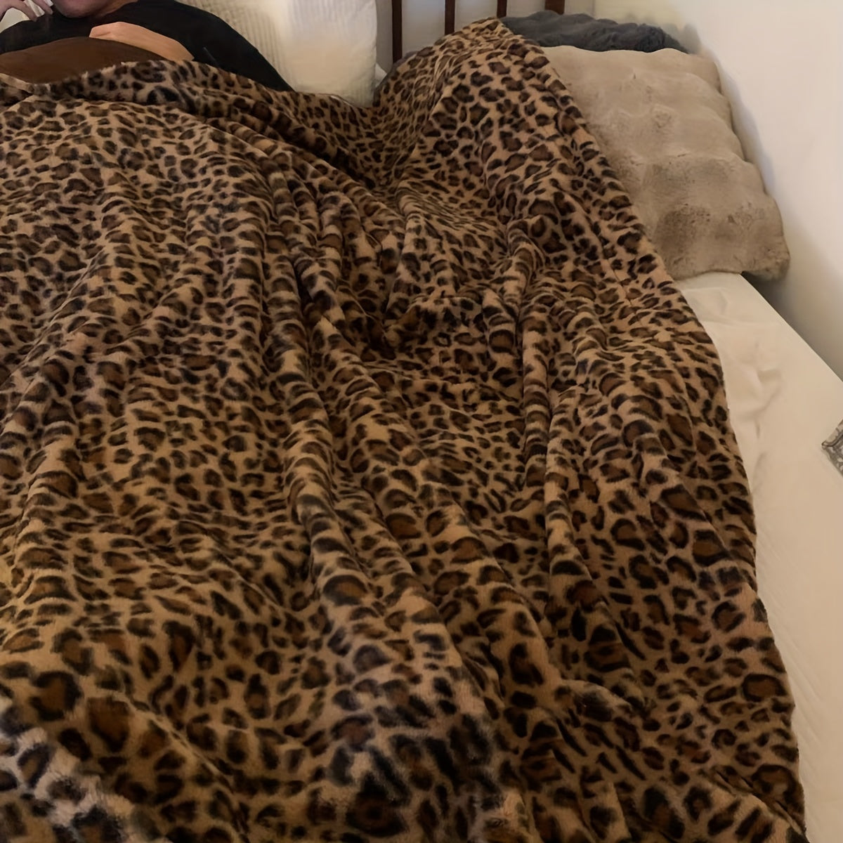 Manta de felpa de conejo con estampado de leopardo para todas las estaciones, manta acogedora para sofá