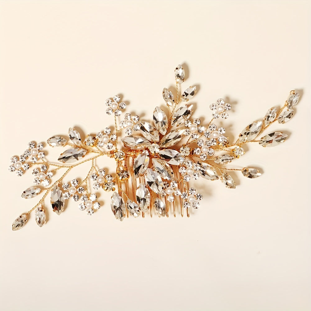 Handmade Flower Hair Comb with Horse Eye Rhinestones for Bridal Wedding Dress Accessories