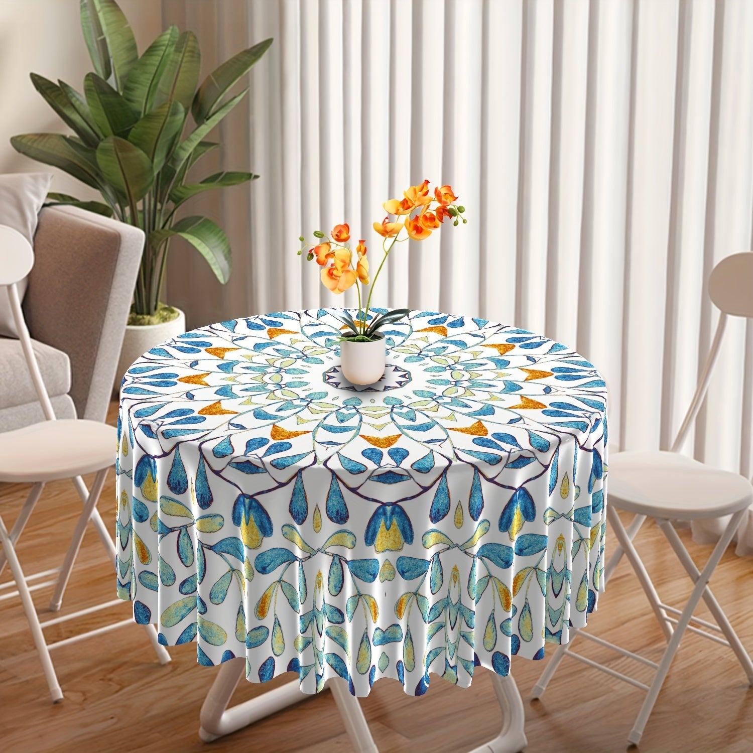 Large Flower Pattern Round Tablecloth for Dining and Home Decor